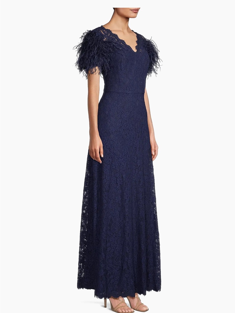 NEW-Shani lace and feather V neck gown - new with tags